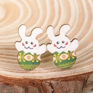 Bunny Rabbit in Green Easter Egg Bunnies Wooden Stud Earrings